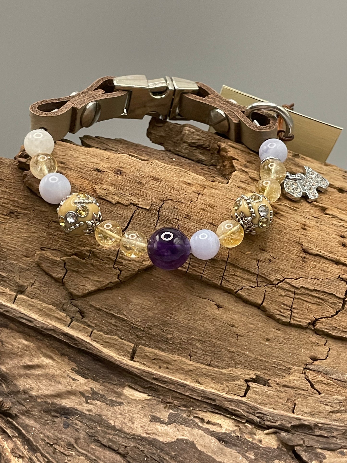 Größe: 24 cm Umfang. Ametrine Sol • Edelstein-Hundehalsband – mit Amethyst, Citrin & Calcit