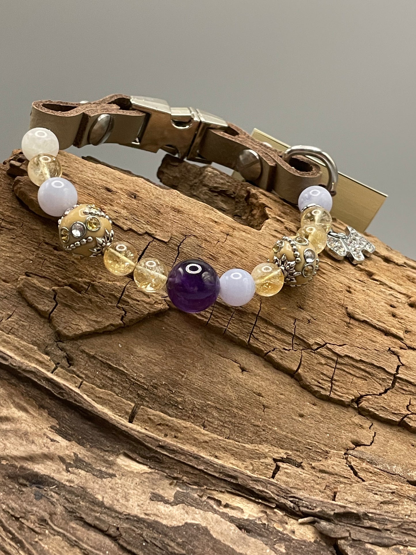 Größe: 24 cm Umfang. Ametrine Sol • Edelstein-Hundehalsband – mit Amethyst, Citrin & Calcit