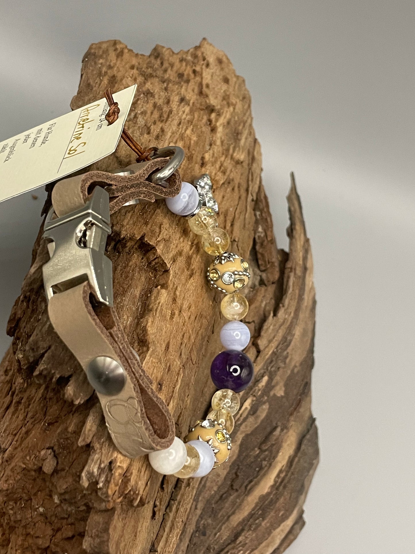 Größe: 24 cm Umfang. Ametrine Sol • Edelstein-Hundehalsband – mit Amethyst, Citrin & Calcit